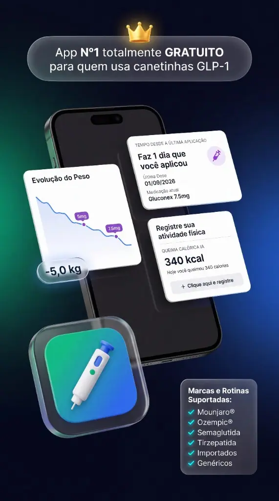 CanetaPRO, app gratuito para canetas GLP-1: evolução do peso, tempo desde a última aplicação, registro de atividade e marcas compatíveis, incluindo Mounjaro, Ozempic, semaglutida e tirzepatida.